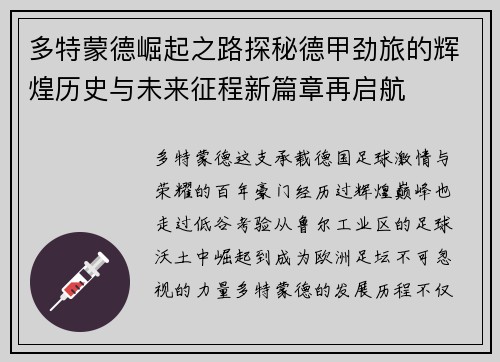 多特蒙德崛起之路探秘德甲劲旅的辉煌历史与未来征程新篇章再启航